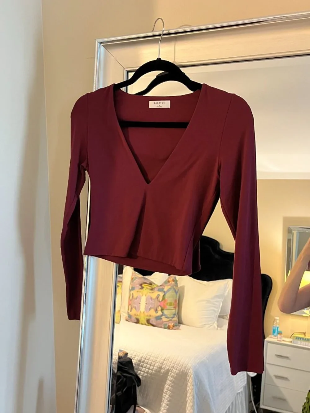 Aritzia Babaton Contour Deep V-Neck Minimalist Longsleeve Body-hugging Burgundy